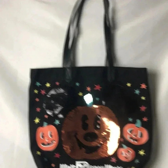 DISNEY BLACK SEQUINED MICKEY MOUSE PUMPKIN CANVAS TOTE TRICK OR TREAT BAG - Picture 5 of 14